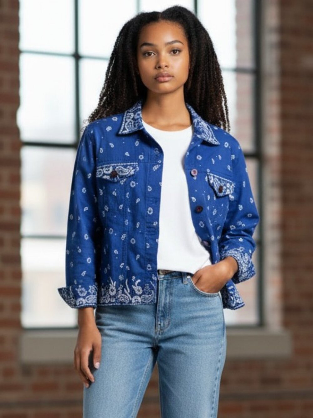 The Quacker Factory Womens Medium Blue Paisley Long Sleeve Trucker Jacket Size M